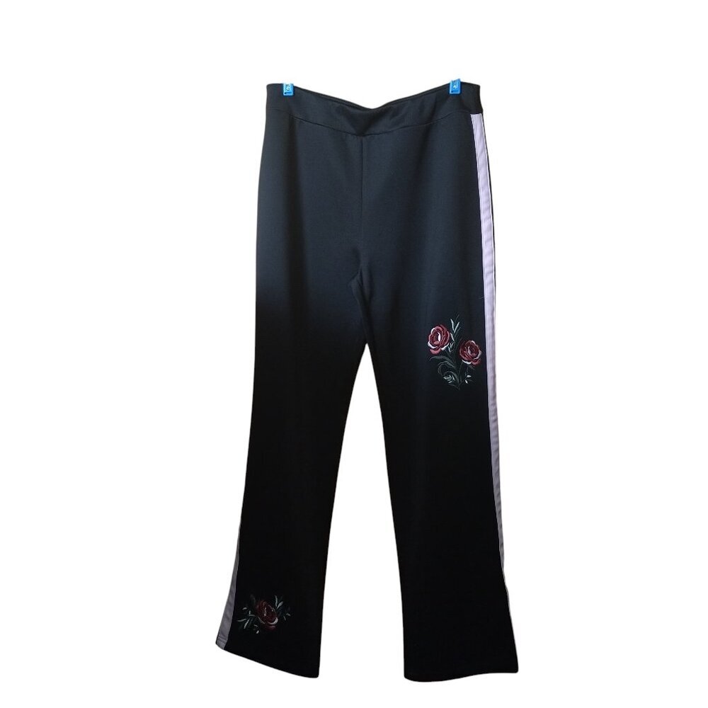 Masseys Large Pull On Black Embroidered Stretch Elastic Waist Pants Comfort